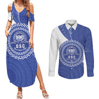 Queen Salote College 100th Anniversary Personalized Couples Matching Summer Maxi Dress and Long Sleeve Button Shirt Est 1926 Kolisi Fefine Tongan Ngatu Pattern LT14 Blue - Polynesian Pride