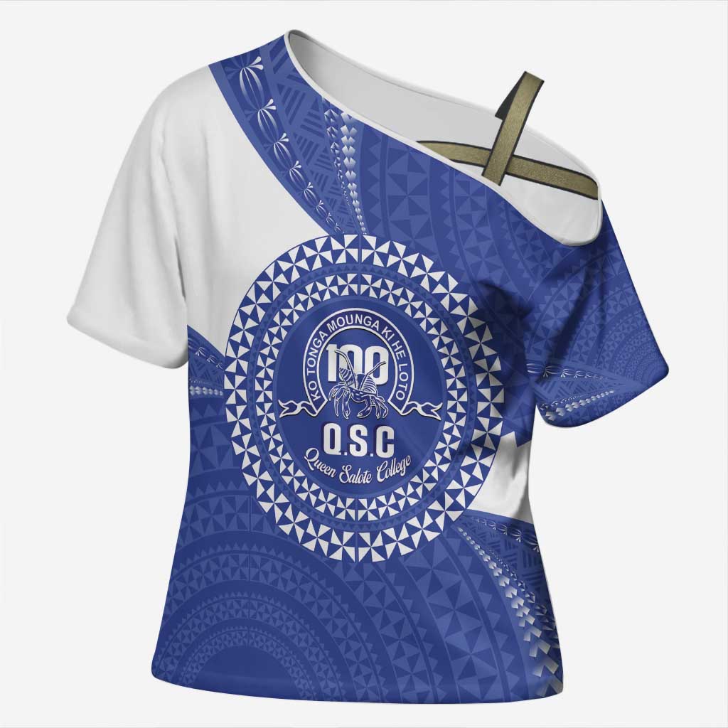 Queen Salote College 100th Anniversary Personalized Cross Shoulder Shirt Est 1926 Kolisi Fefine Tongan Ngatu Pattern LT14 Female Blue - Polynesian Pride