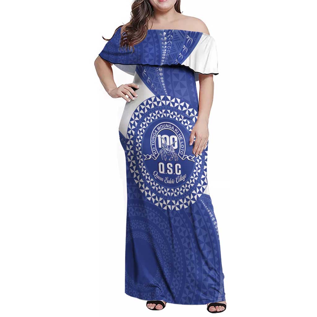 Queen Salote College 100th Anniversary Personalized Family Matching Off Shoulder Maxi Dress and Hawaiian Shirt Est 1926 Kolisi Fefine Tongan Ngatu Pattern LT14 Mom's Dress Blue - Polynesian Pride