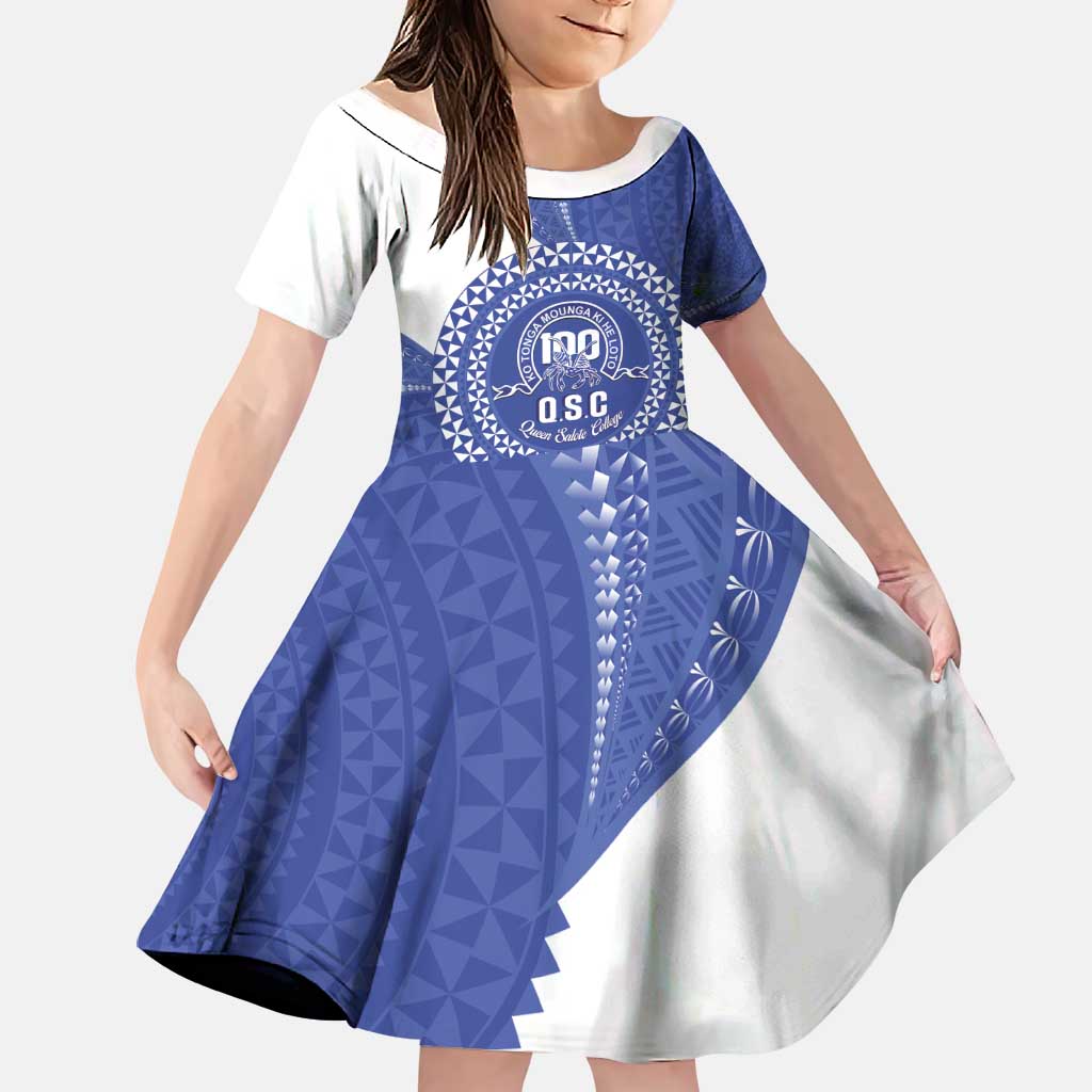 Queen Salote College 100th Anniversary Personalized Family Matching Off Shoulder Short Dress and Hawaiian Shirt Est 1926 Kolisi Fefine Tongan Ngatu Pattern LT14 Daughter's Dress Blue - Polynesian Pride