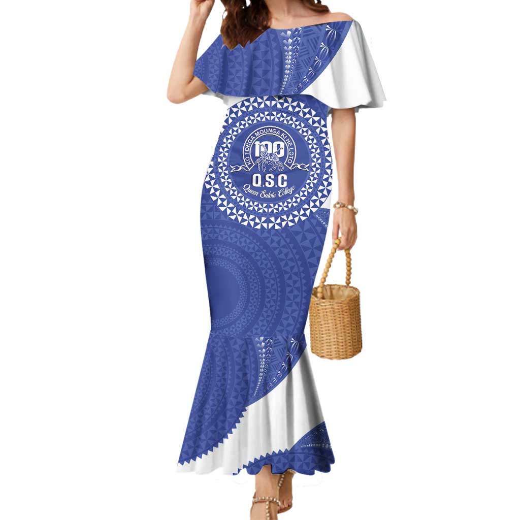 Queen Salote College 100th Anniversary Personalized Mermaid Dress Est 1926 Kolisi Fefine Tongan Ngatu Pattern LT14 Women Blue - Polynesian Pride