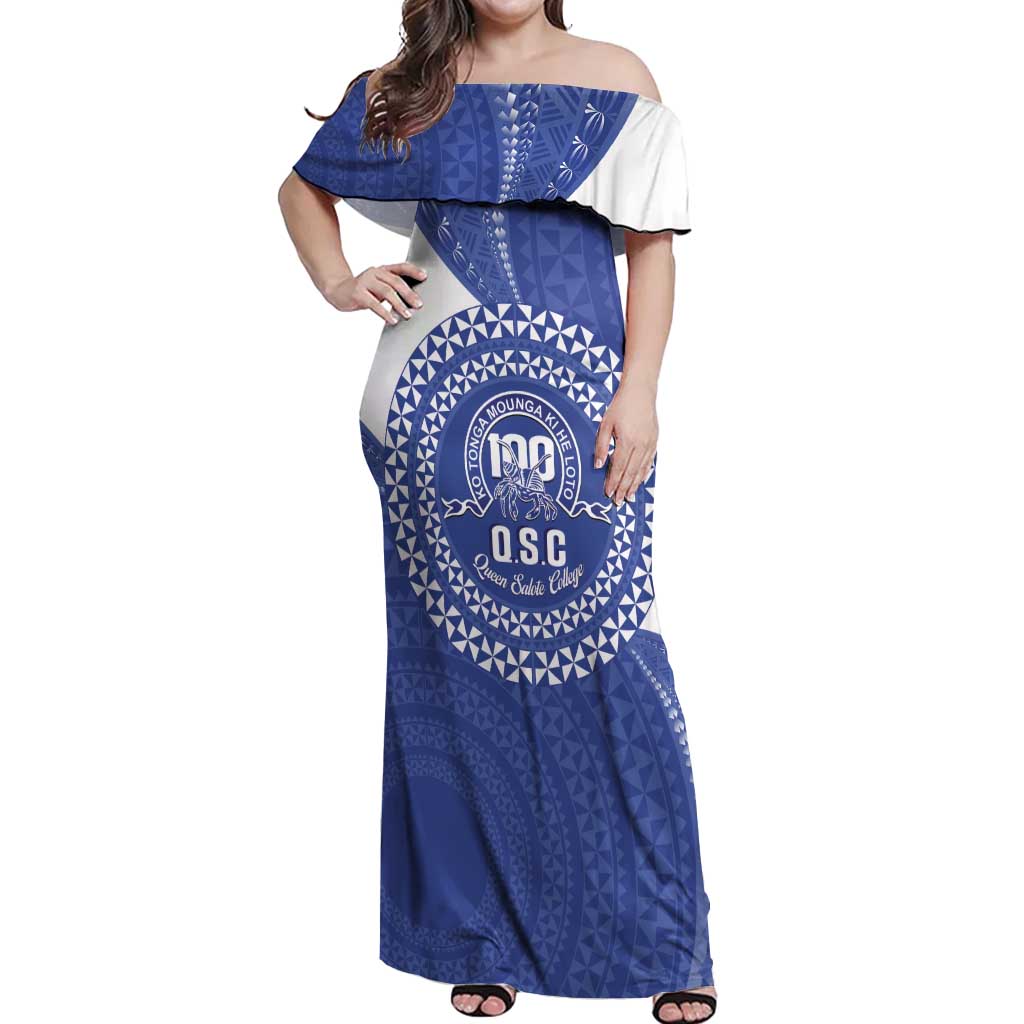Queen Salote College 100th Anniversary Personalized Off Shoulder Maxi Dress Est 1926 Kolisi Fefine Tongan Ngatu Pattern LT14 Women Blue - Polynesian Pride
