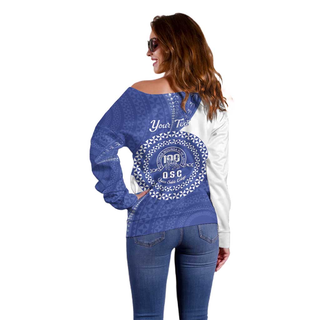 Queen Salote College 100th Anniversary Personalized Off Shoulder Sweater Est 1926 Kolisi Fefine Tongan Ngatu Pattern