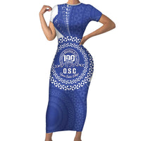 Queen Salote College 100th Anniversary Personalized Short Sleeve Bodycon Dress Est 1926 Kolisi Fefine Tongan Ngatu Pattern LT14 Long Dress Blue - Polynesian Pride