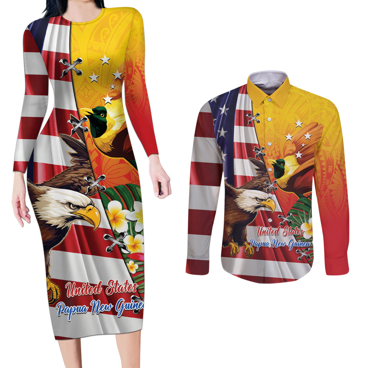 Personalised United States And Papua New Guinea Couples Matching Long Sleeve Bodycon Dress and Long Sleeve Button Shirt USA Eagle With PNG Bird Of Paradise LT14 Red - Polynesian Pride