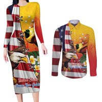 Personalised United States And Papua New Guinea Couples Matching Long Sleeve Bodycon Dress and Long Sleeve Button Shirt USA Eagle With PNG Bird Of Paradise LT14 Red - Polynesian Pride