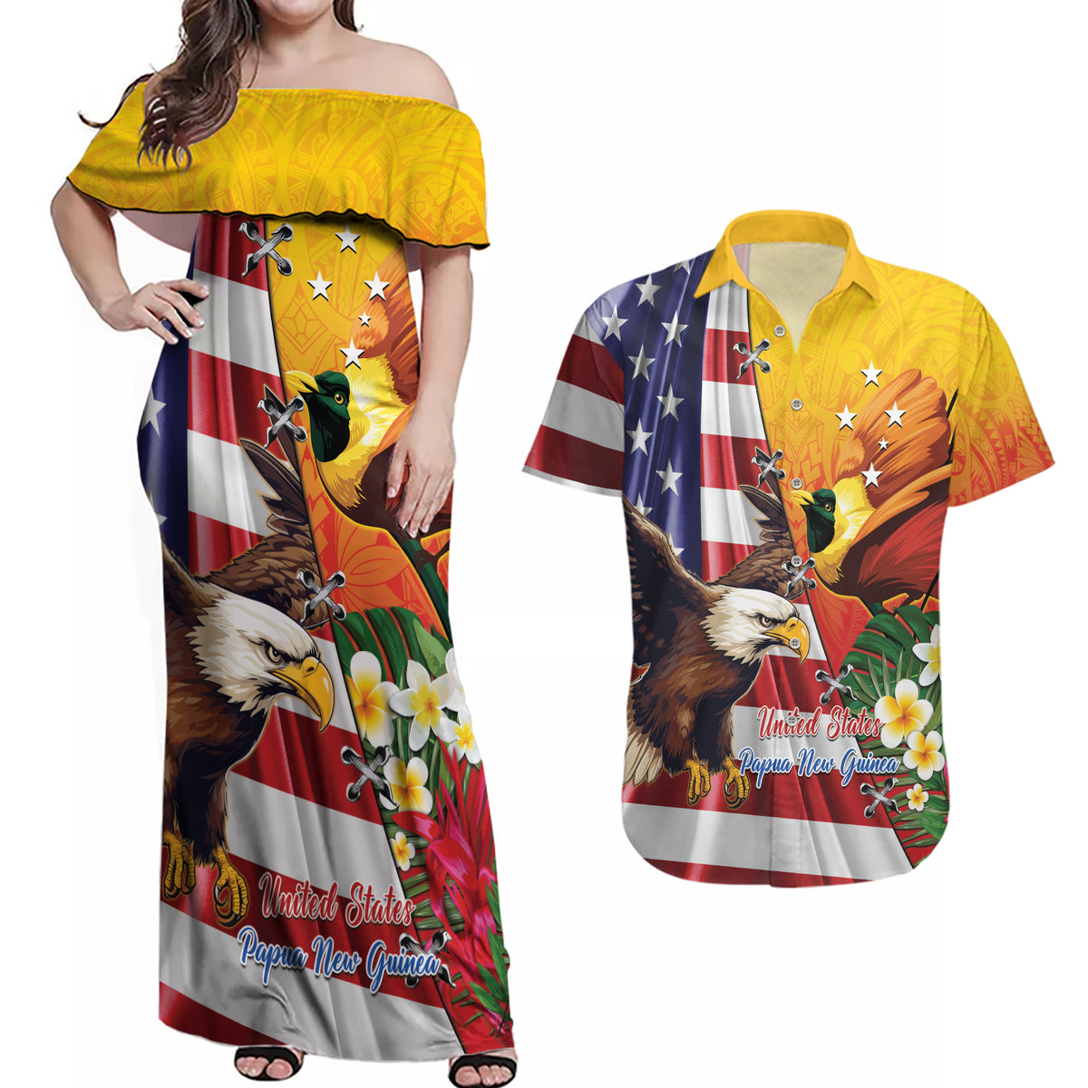 Personalised United States And Papua New Guinea Couples Matching Off Shoulder Maxi Dress and Hawaiian Shirt USA Eagle With PNG Bird Of Paradise LT14 Red - Polynesian Pride