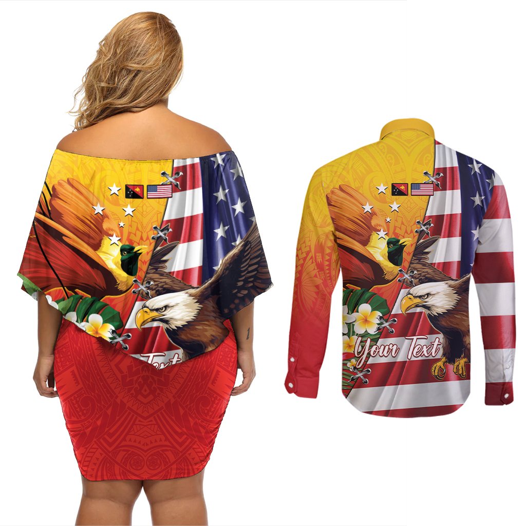Personalised United States And Papua New Guinea Couples Matching Off Shoulder Short Dress and Long Sleeve Button Shirt USA Eagle With PNG Bird Of Paradise LT14 - Polynesian Pride