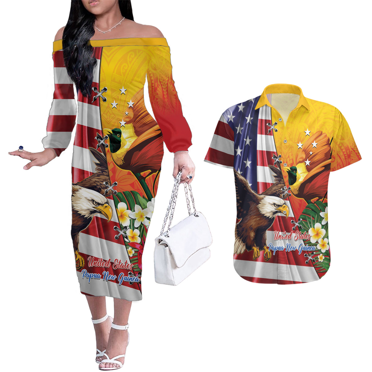 Personalised United States And Papua New Guinea Couples Matching Off The Shoulder Long Sleeve Dress and Hawaiian Shirt USA Eagle With PNG Bird Of Paradise LT14 Red - Polynesian Pride