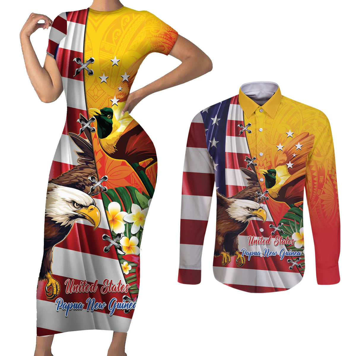 Personalised United States And Papua New Guinea Couples Matching Short Sleeve Bodycon Dress and Long Sleeve Button Shirt USA Eagle With PNG Bird Of Paradise LT14 Red - Polynesian Pride