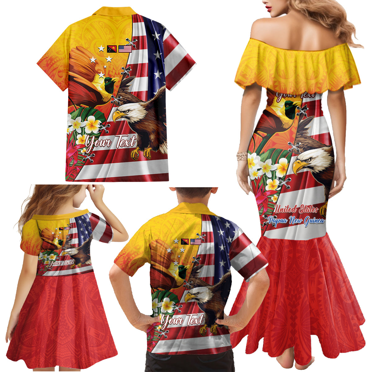 Personalised United States And Papua New Guinea Family Matching Mermaid Dress and Hawaiian Shirt USA Eagle With PNG Bird Of Paradise LT14 - Polynesian Pride