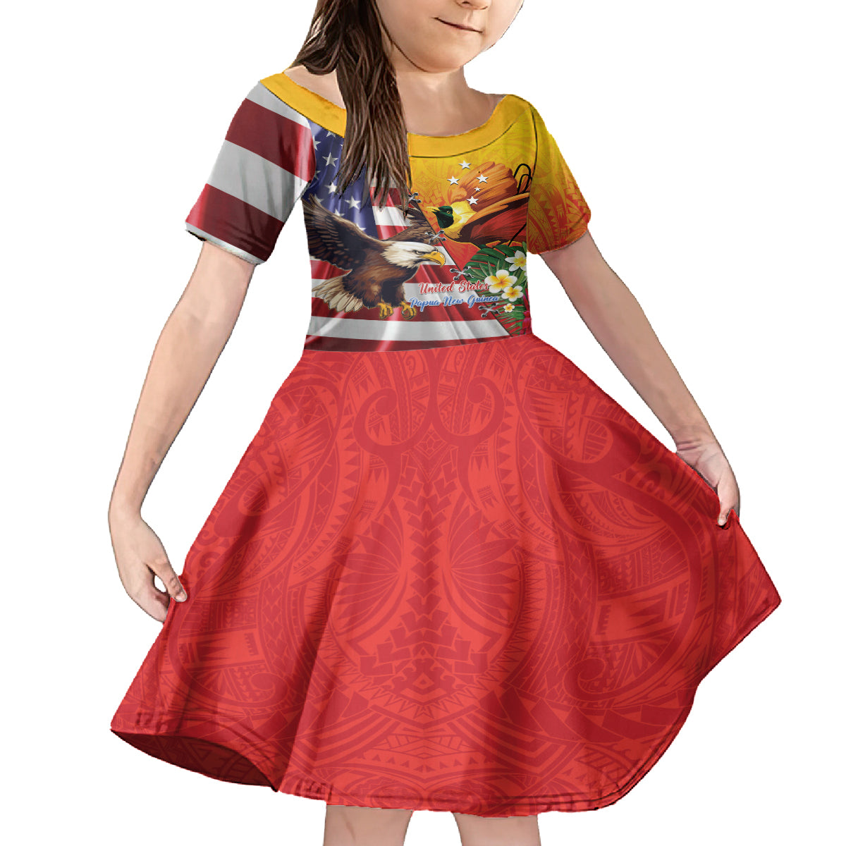 Personalised United States And Papua New Guinea Family Matching Off The Shoulder Long Sleeve Dress and Hawaiian Shirt USA Eagle With PNG Bird Of Paradise LT14 Daughter's Dress Red - Polynesian Pride