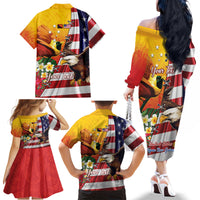 Personalised United States And Papua New Guinea Family Matching Off The Shoulder Long Sleeve Dress and Hawaiian Shirt USA Eagle With PNG Bird Of Paradise LT14 - Polynesian Pride