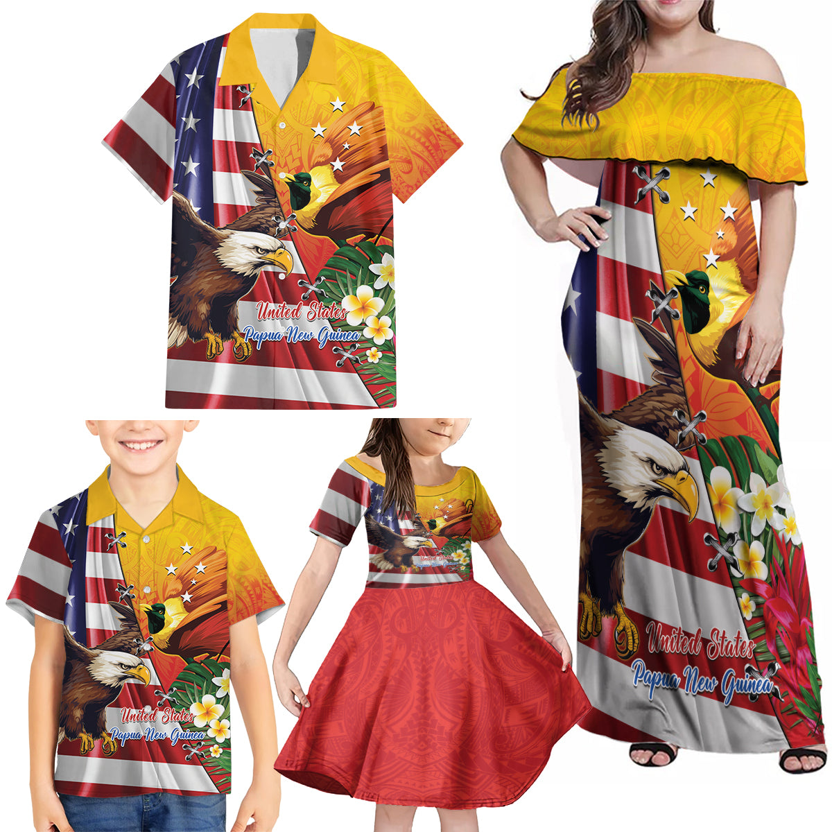 Personalised United States And Papua New Guinea Family Matching Off Shoulder Maxi Dress and Hawaiian Shirt USA Eagle With PNG Bird Of Paradise LT14 - Polynesian Pride