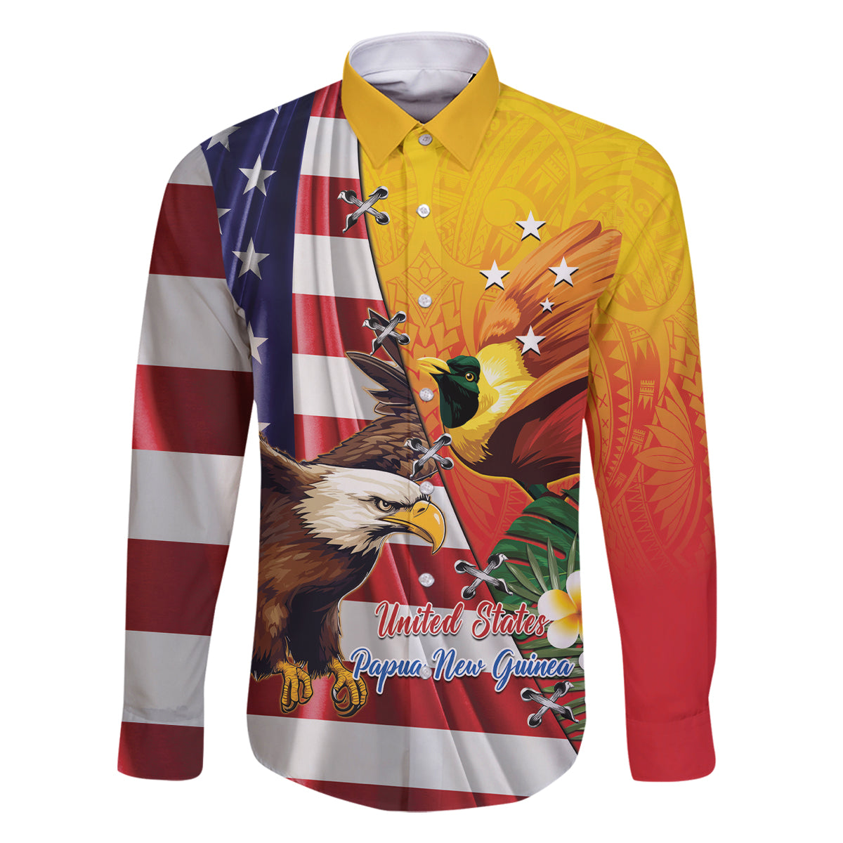 Personalised United States And Papua New Guinea Family Matching Off Shoulder Maxi Dress and Hawaiian Shirt USA Eagle With PNG Bird Of Paradise LT14 Dad's Shirt - Long Sleeve Red - Polynesian Pride