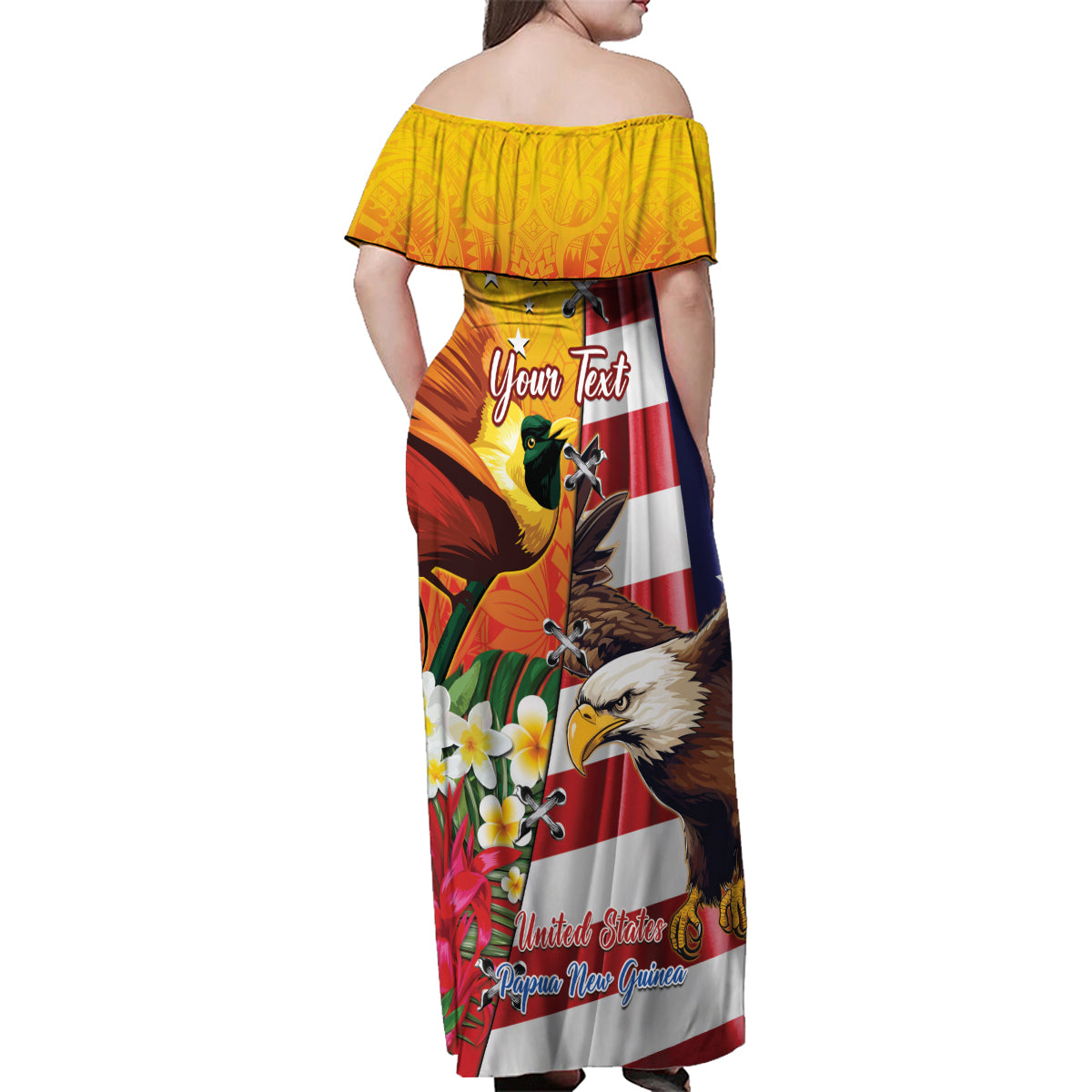 Personalised United States And Papua New Guinea Family Matching Off Shoulder Maxi Dress and Hawaiian Shirt USA Eagle With PNG Bird Of Paradise LT14 - Polynesian Pride