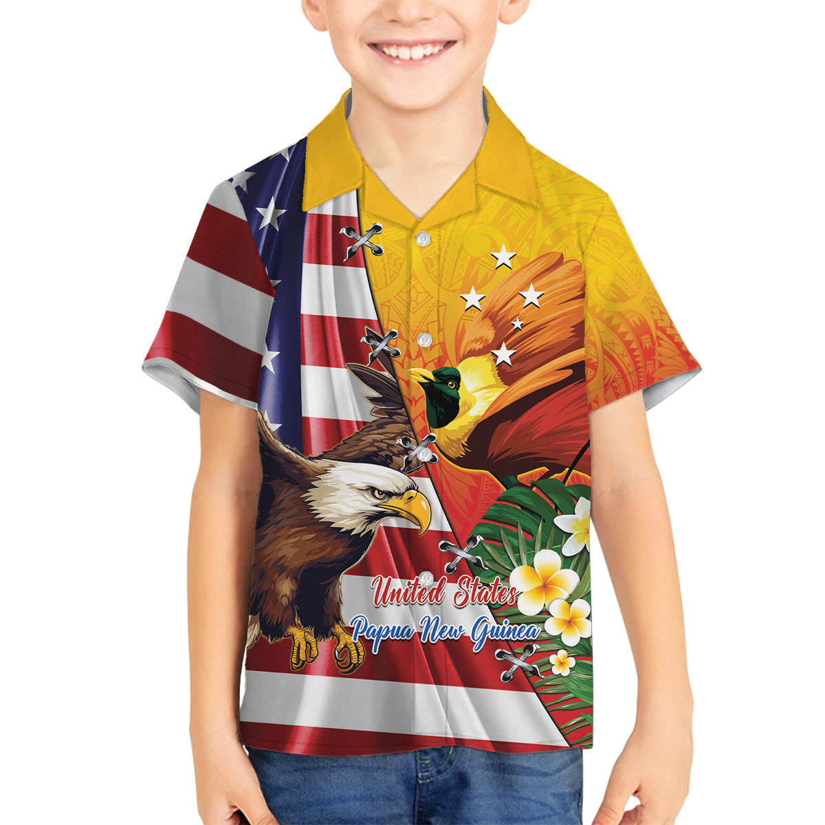 Personalised United States And Papua New Guinea Family Matching Off Shoulder Maxi Dress and Hawaiian Shirt USA Eagle With PNG Bird Of Paradise LT14 Son's Shirt Red - Polynesian Pride