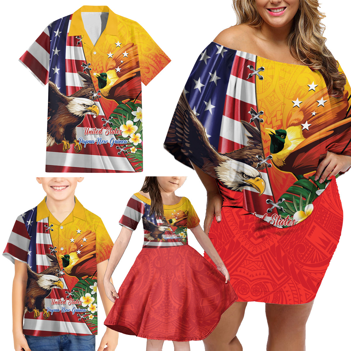 Personalised United States And Papua New Guinea Family Matching Off Shoulder Short Dress and Hawaiian Shirt USA Eagle With PNG Bird Of Paradise LT14 - Polynesian Pride