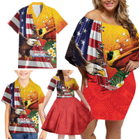 Personalised United States And Papua New Guinea Family Matching Off Shoulder Short Dress and Hawaiian Shirt USA Eagle With PNG Bird Of Paradise LT14 - Polynesian Pride