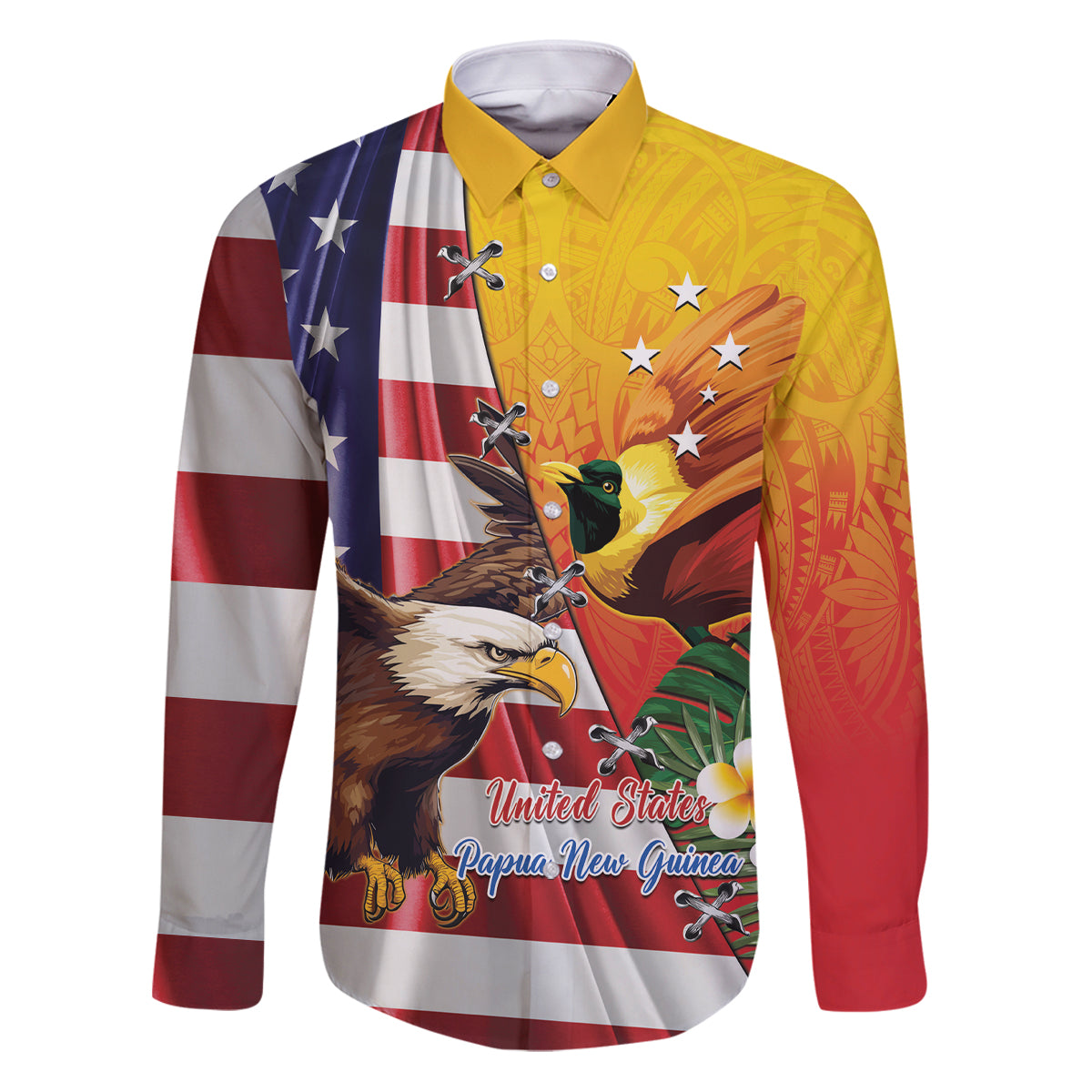 Personalised United States And Papua New Guinea Family Matching Puletasi and Hawaiian Shirt USA Eagle With PNG Bird Of Paradise LT14 Dad's Shirt - Long Sleeve Red - Polynesian Pride