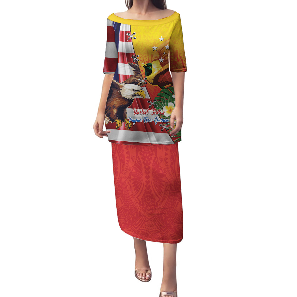 Personalised United States And Papua New Guinea Family Matching Puletasi and Hawaiian Shirt USA Eagle With PNG Bird Of Paradise LT14 Mom's Dress Red - Polynesian Pride