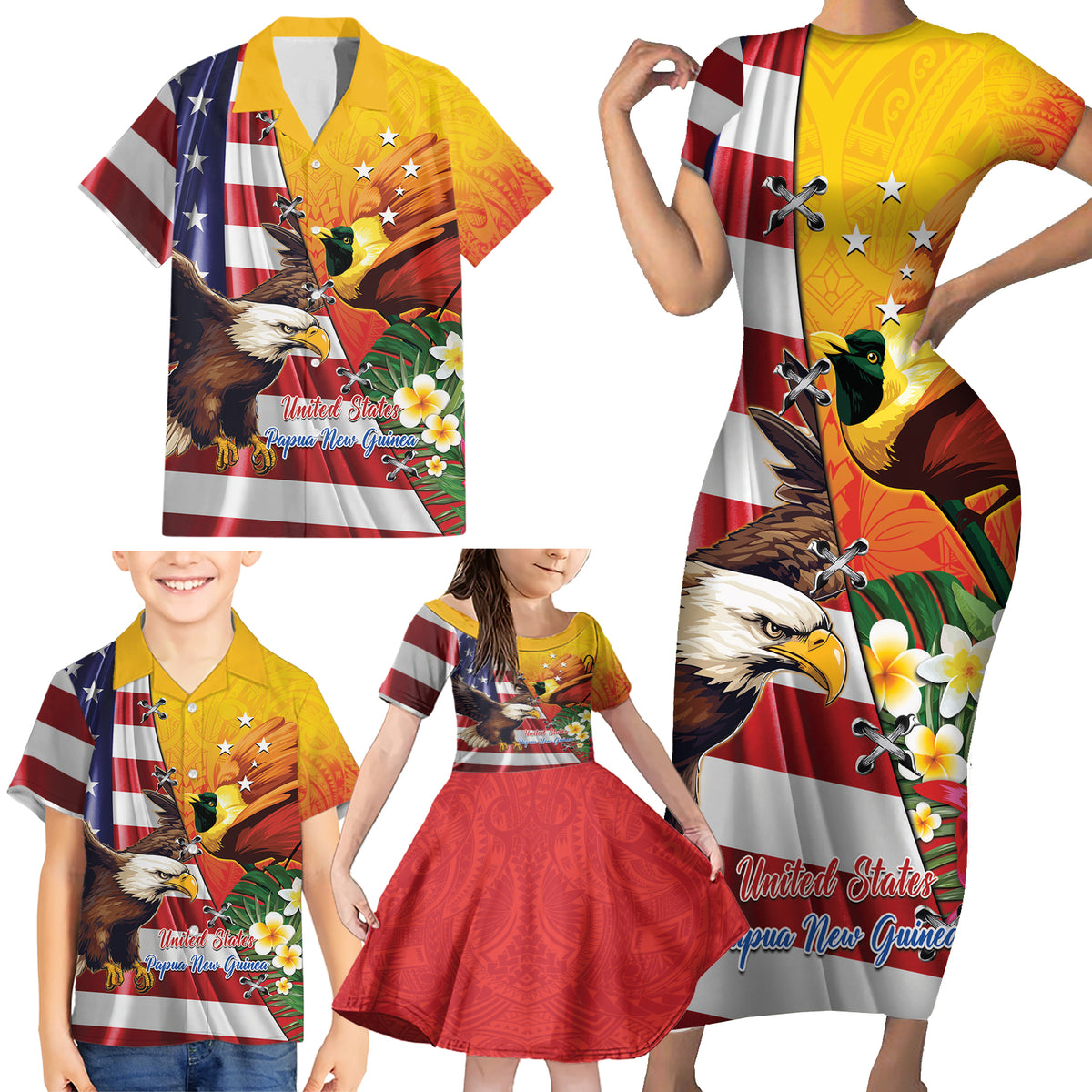 Personalised United States And Papua New Guinea Family Matching Short Sleeve Bodycon Dress and Hawaiian Shirt USA Eagle With PNG Bird Of Paradise LT14 - Polynesian Pride
