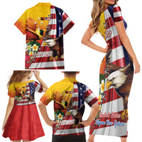 Personalised United States And Papua New Guinea Family Matching Short Sleeve Bodycon Dress and Hawaiian Shirt USA Eagle With PNG Bird Of Paradise LT14 - Polynesian Pride