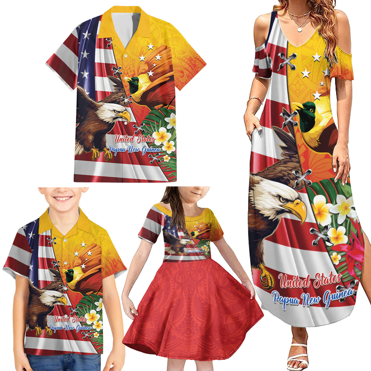 Personalised United States And Papua New Guinea Family Matching Summer Maxi Dress and Hawaiian Shirt USA Eagle With PNG Bird Of Paradise LT14 - Polynesian Pride