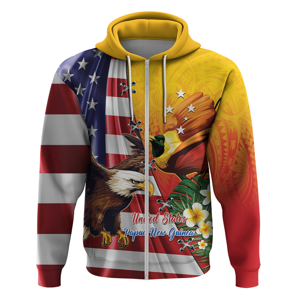 Personalised United States And Papua New Guinea Hoodie USA Eagle With PNG Bird Of Paradise LT14 Zip Hoodie Red - Polynesian Pride