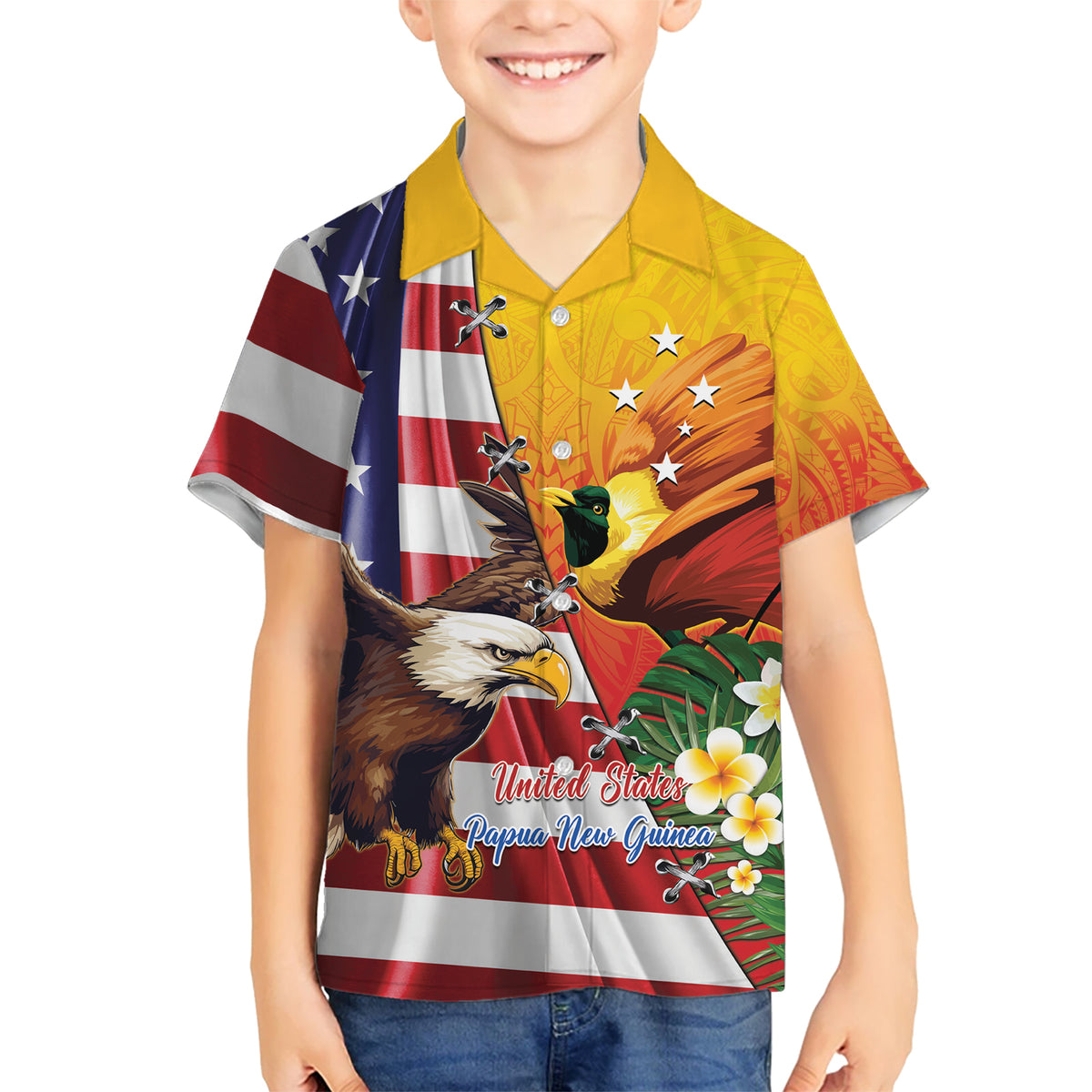 Personalised United States And Papua New Guinea Kid Hawaiian Shirt USA Eagle With PNG Bird Of Paradise LT14 Kid Red - Polynesian Pride