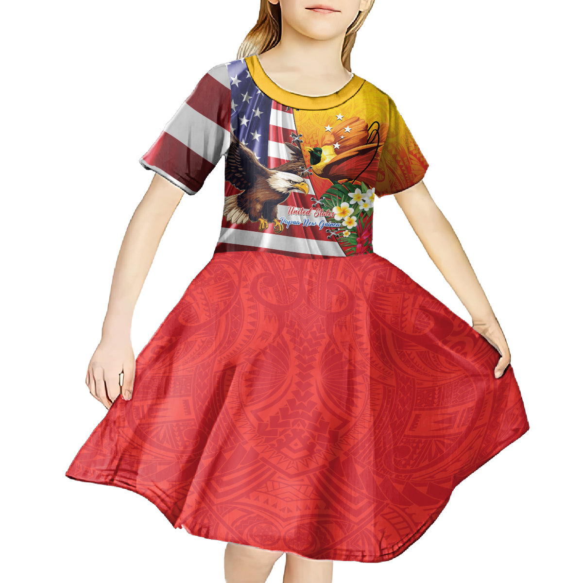 Personalised United States And Papua New Guinea Kid Short Sleeve Dress USA Eagle With PNG Bird Of Paradise LT14 - Polynesian Pride