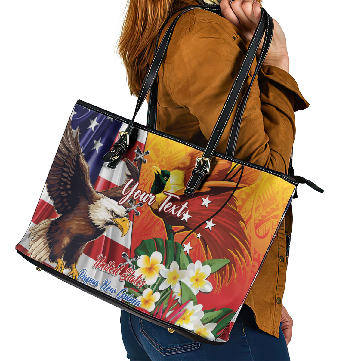 Personalised United States And Papua New Guinea Leather Tote Bag USA Eagle With PNG Bird Of Paradise LT14 - Polynesian Pride