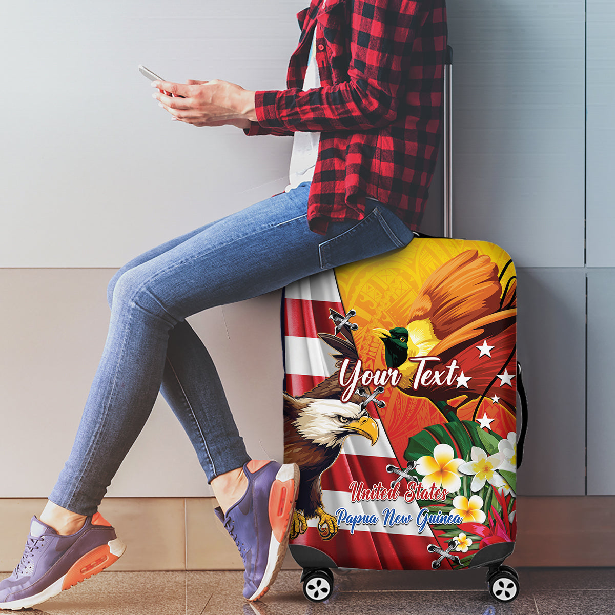 Personalised United States And Papua New Guinea Luggage Cover USA Eagle With PNG Bird Of Paradise LT14 - Polynesian Pride