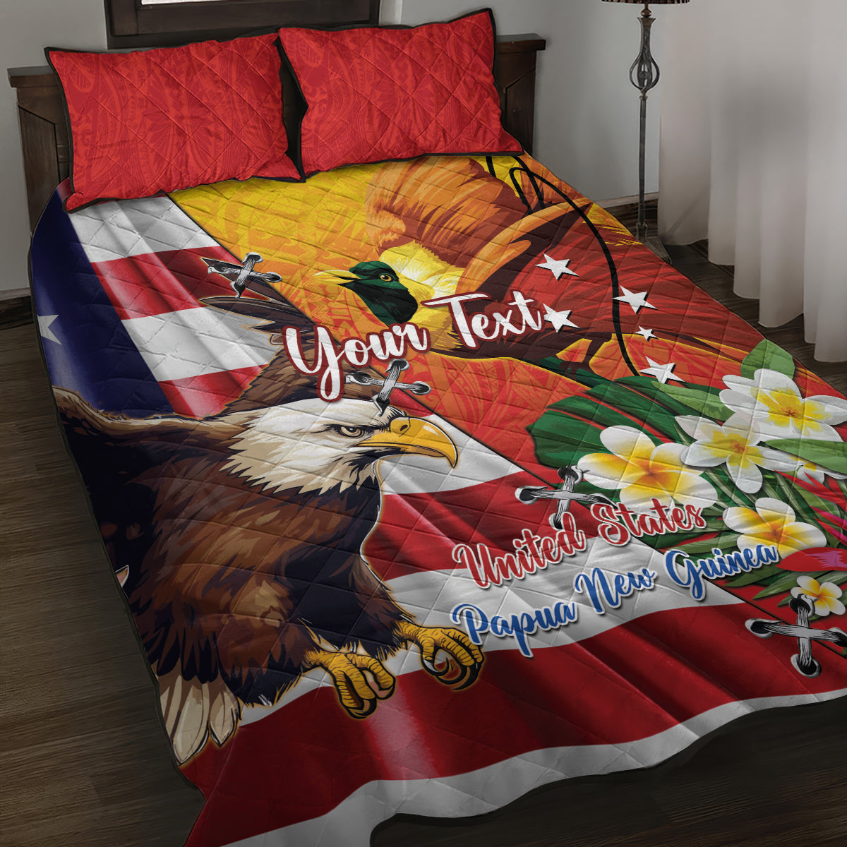 Personalised United States And Papua New Guinea Quilt Bed Set USA Eagle With PNG Bird Of Paradise LT14 Red - Polynesian Pride