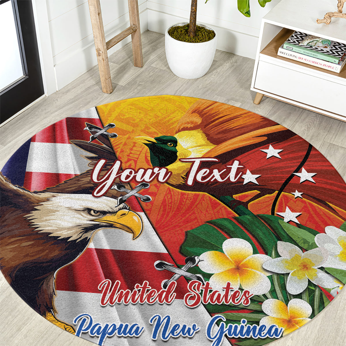 Personalised United States And Papua New Guinea Round Carpet USA Eagle With PNG Bird Of Paradise LT14 Red - Polynesian Pride