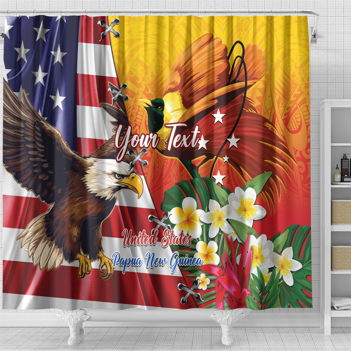 Personalised United States And Papua New Guinea Shower Curtain USA Eagle With PNG Bird Of Paradise LT14 - Polynesian Pride