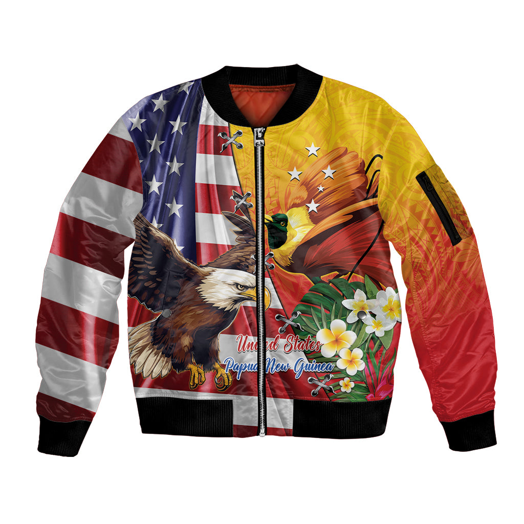 Personalised United States And Papua New Guinea Sleeve Zip Bomber Jacket USA Eagle With PNG Bird Of Paradise LT14 Unisex Red - Polynesian Pride