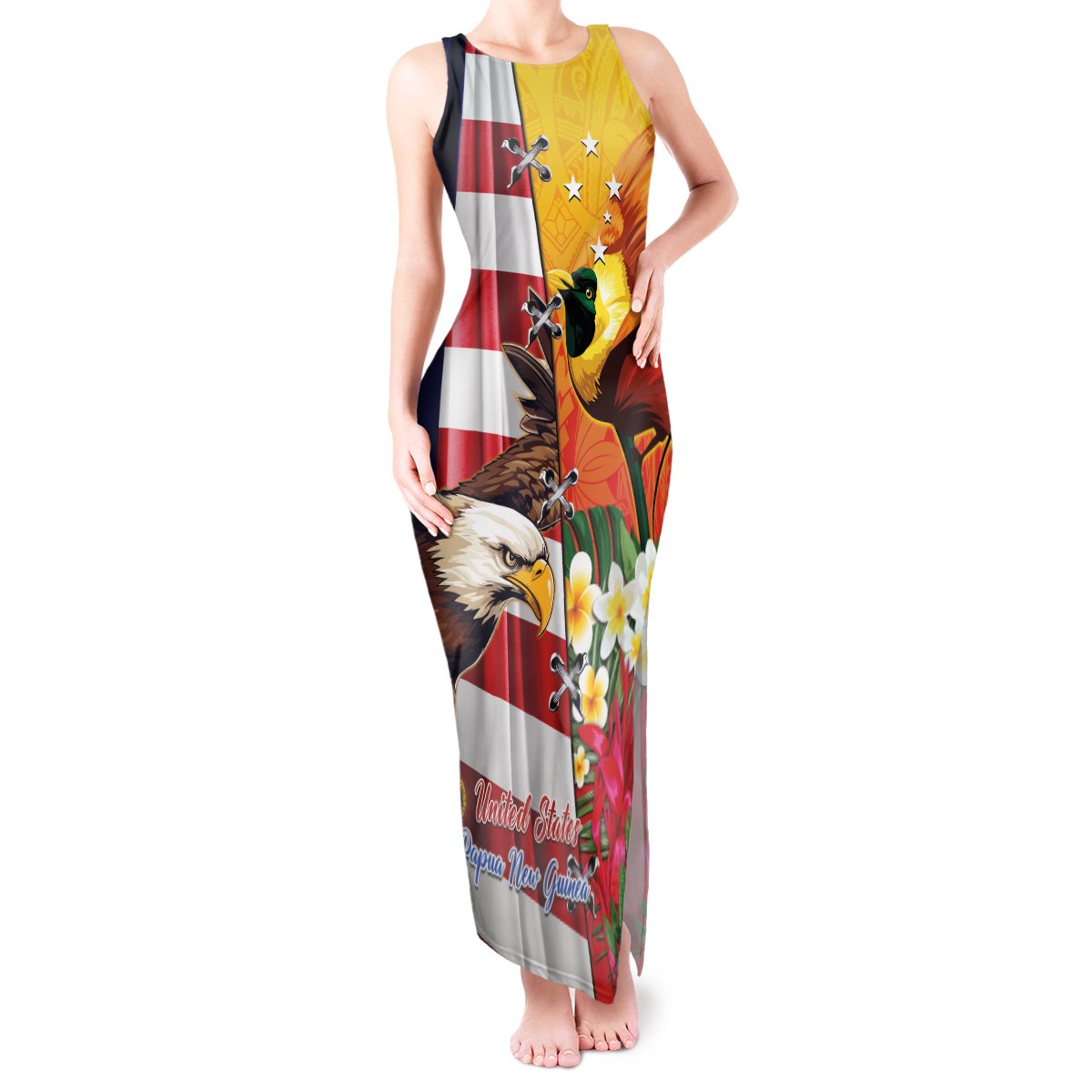 Personalised United States And Papua New Guinea Tank Maxi Dress USA Eagle With PNG Bird Of Paradise LT14 Women Red - Polynesian Pride