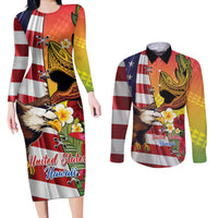 Personalised United States And Hawaii Couples Matching Long Sleeve Bodycon Dress and Long Sleeve Button Shirt USA Eagle With Hawaiian Shark Tattoo