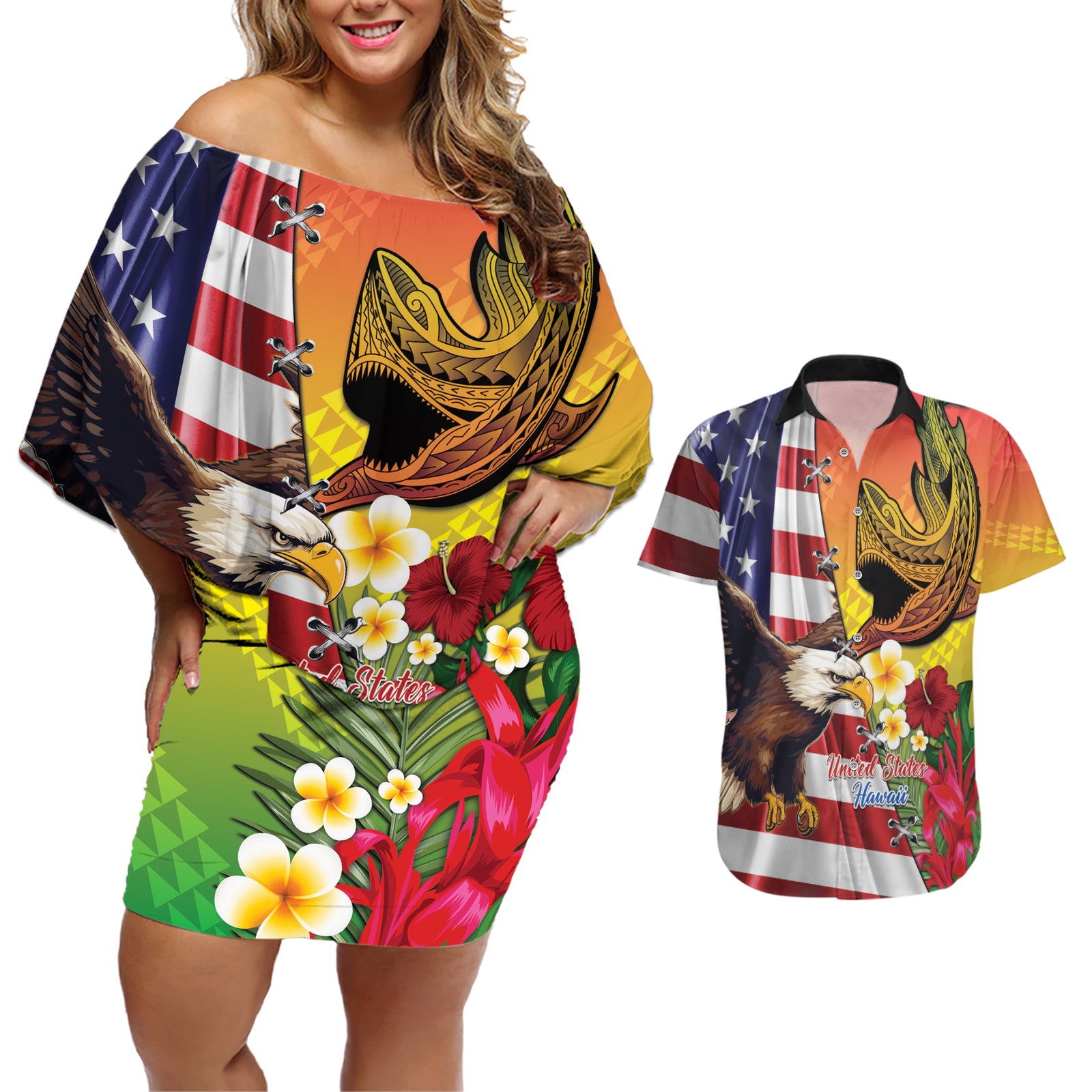 Personalised United States And Hawaii Couples Matching Off Shoulder Short Dress and Hawaiian Shirt USA Eagle With Hawaiian Shark Tattoo
