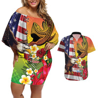 Personalised United States And Hawaii Couples Matching Off Shoulder Short Dress and Hawaiian Shirt USA Eagle With Hawaiian Shark Tattoo