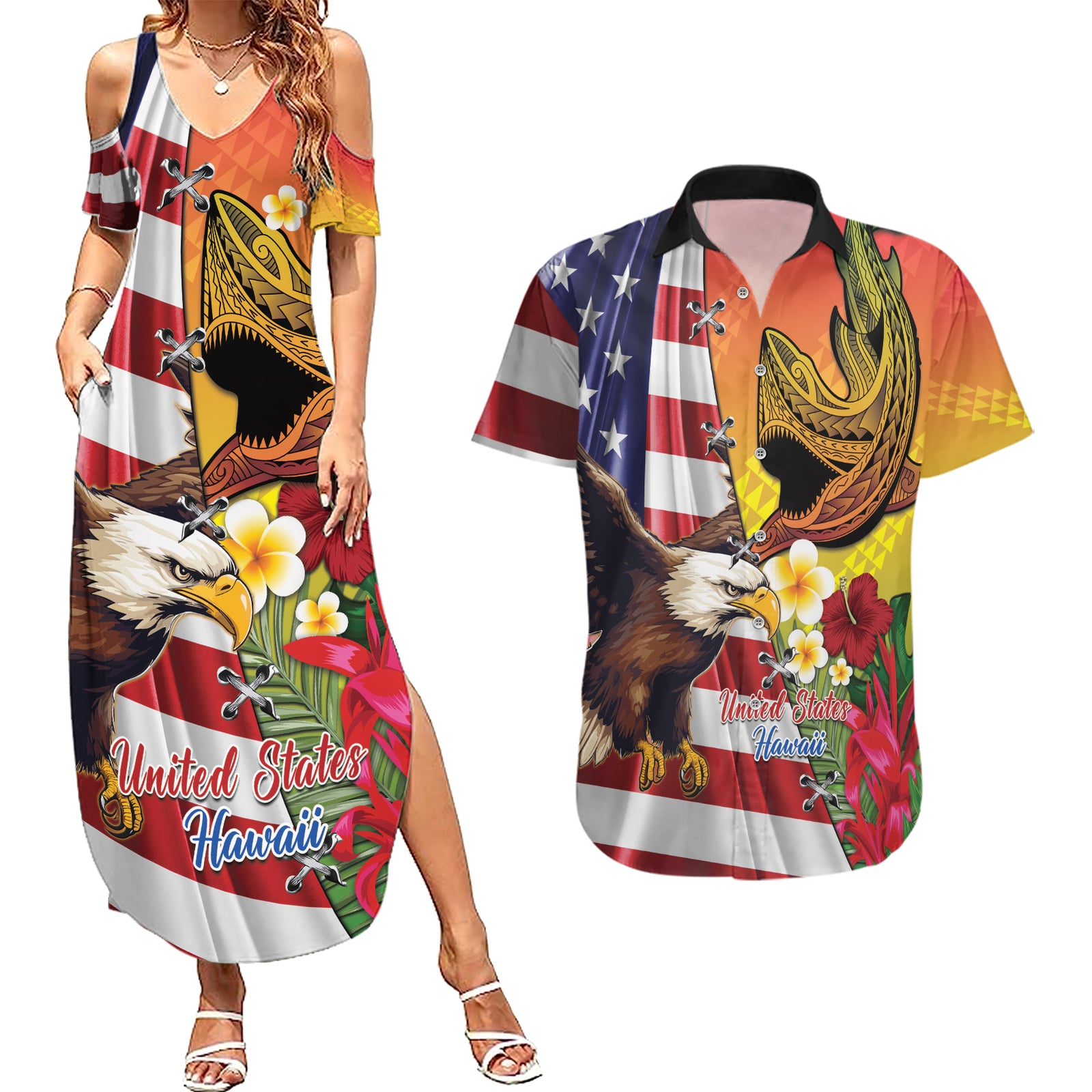 Personalised United States And Hawaii Couples Matching Summer Maxi Dress and Hawaiian Shirt USA Eagle With Hawaiian Shark Tattoo