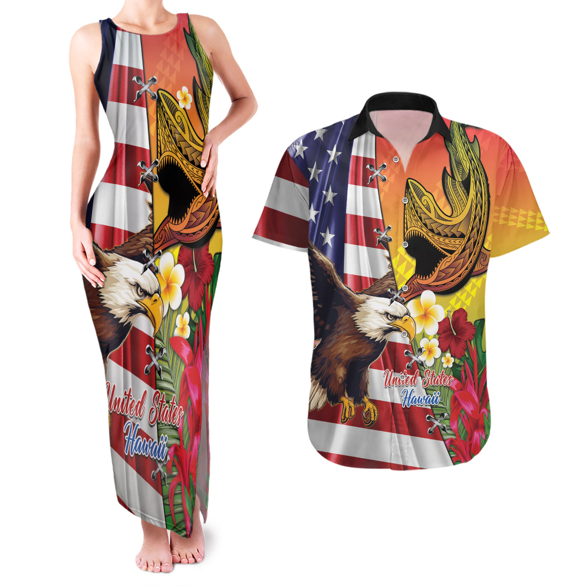 Personalised United States And Hawaii Couples Matching Tank Maxi Dress and Hawaiian Shirt USA Eagle With Hawaiian Shark Tattoo