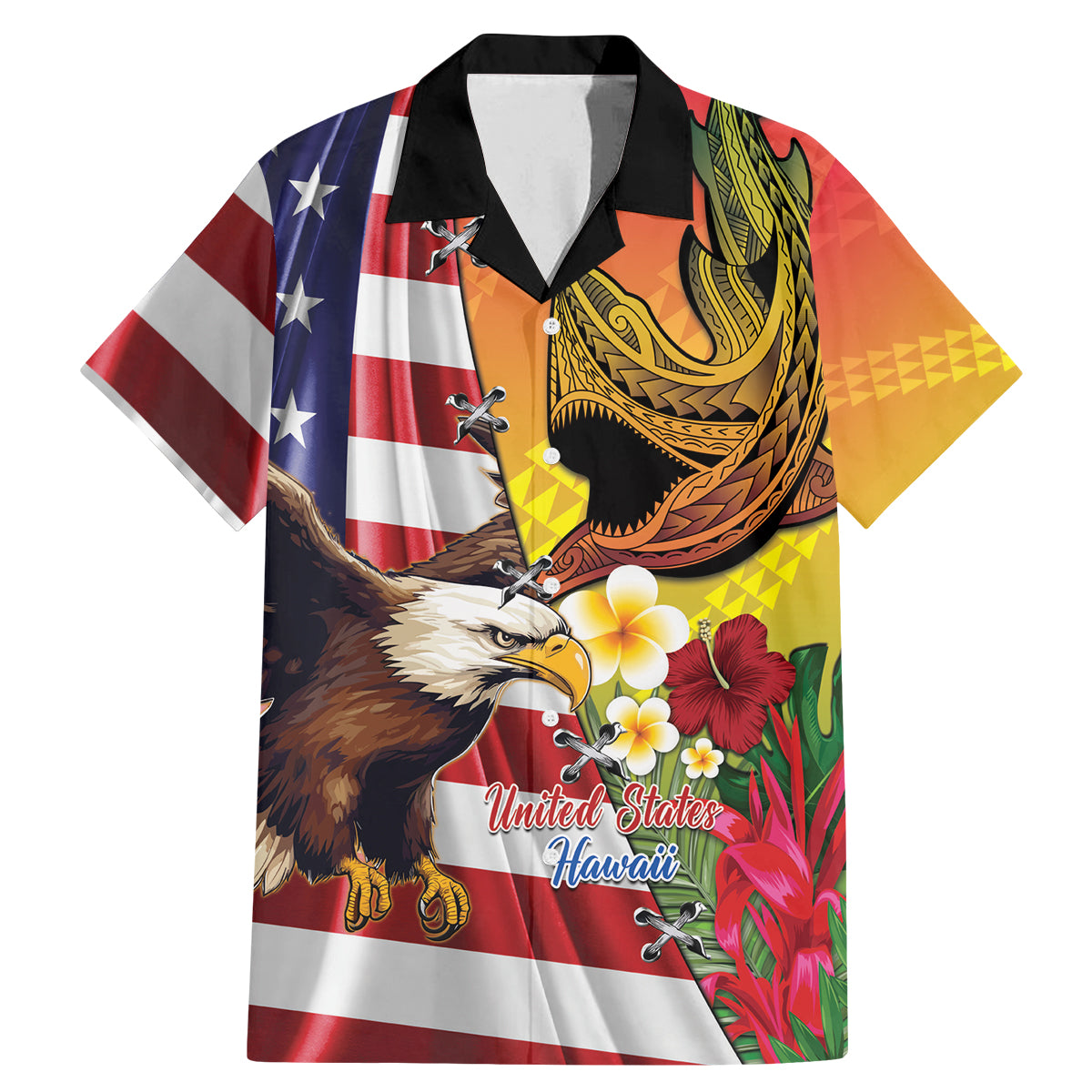 Personalised United States And Hawaii Family Matching Mermaid Dress and Hawaiian Shirt USA Eagle With Hawaiian Shark Tattoo LT14 Dad's Shirt - Short Sleeve Red - Polynesian Pride
