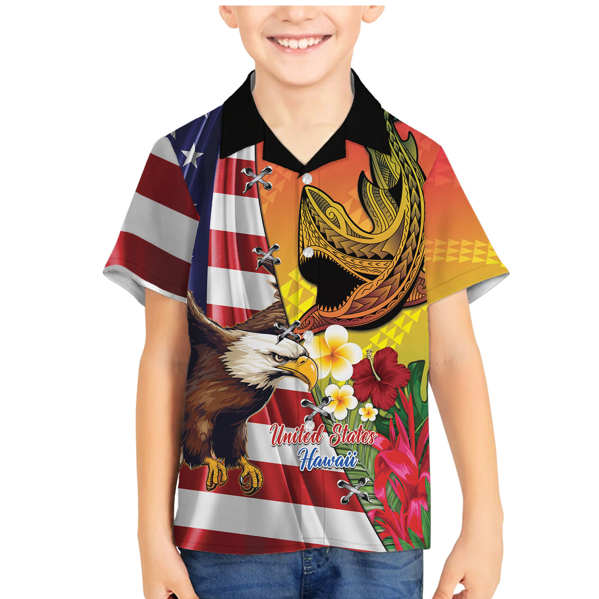 Personalised United States And Hawaii Family Matching Mermaid Dress and Hawaiian Shirt USA Eagle With Hawaiian Shark Tattoo LT14 Son's Shirt Red - Polynesian Pride
