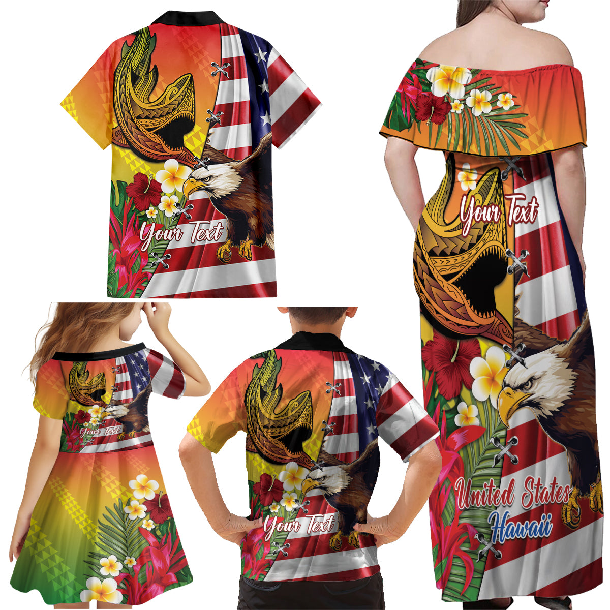 Personalised United States And Hawaii Family Matching Off Shoulder Maxi Dress and Hawaiian Shirt USA Eagle With Hawaiian Shark Tattoo LT14 - Polynesian Pride