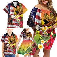 Personalised United States And Hawaii Family Matching Off Shoulder Short Dress and Hawaiian Shirt USA Eagle With Hawaiian Shark Tattoo