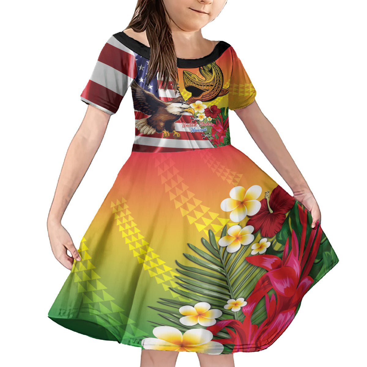 Personalised United States And Hawaii Family Matching Puletasi and Hawaiian Shirt USA Eagle With Hawaiian Shark Tattoo LT14 Daughter's Dress Red - Polynesian Pride