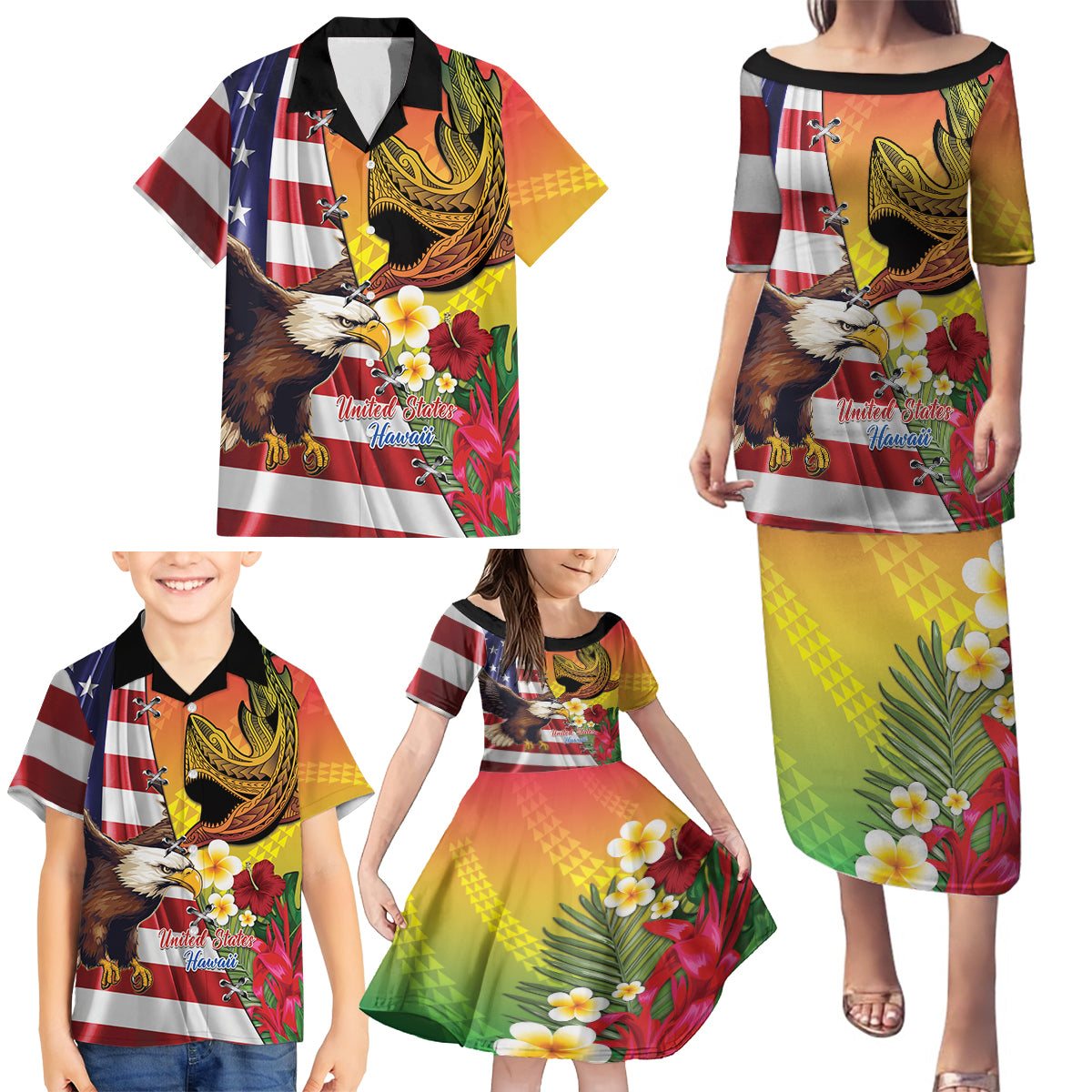 Personalised United States And Hawaii Family Matching Puletasi and Hawaiian Shirt USA Eagle With Hawaiian Shark Tattoo LT14 - Polynesian Pride