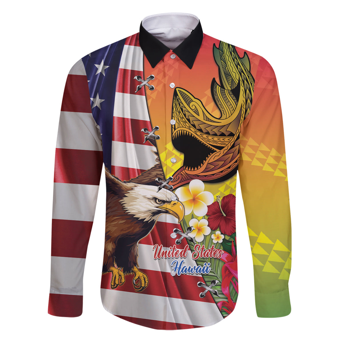 Personalised United States And Hawaii Family Matching Puletasi and Hawaiian Shirt USA Eagle With Hawaiian Shark Tattoo LT14 Dad's Shirt - Long Sleeve Red - Polynesian Pride